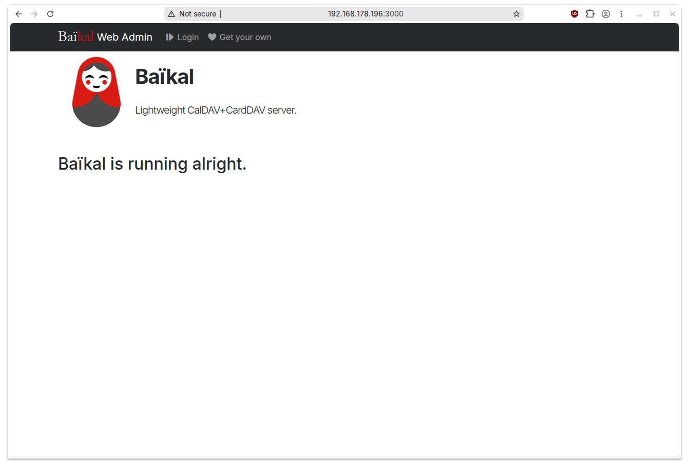 Baikal dashboard, showing that all is running